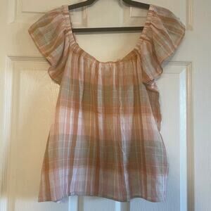 Lucky Brand Emily Plaid Short Flutter Sleeve Shirt Top Size L